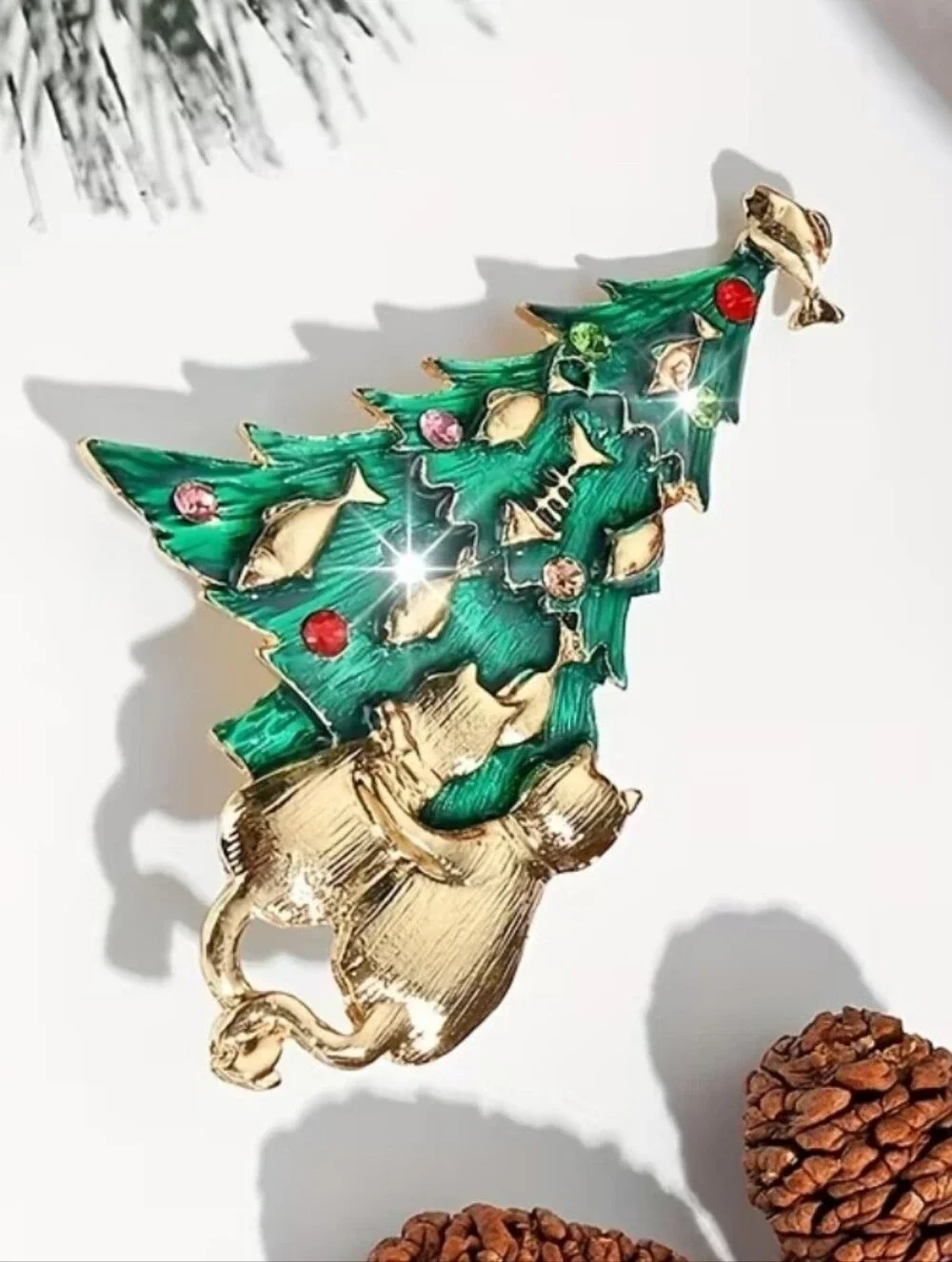 Green Enamel Christmas Tree Brooch with Gold-tone Cats